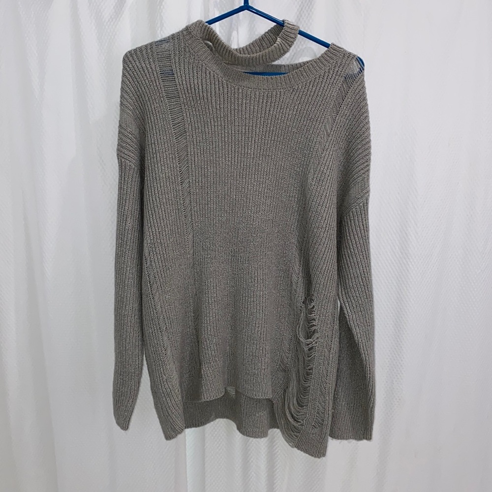 grey distressed choker sweater